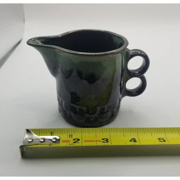 Vintage Japan Dark Brown Green Drip Glaze Trigger Handle Pottery Creamer Pitcher - Picture 9 of 9